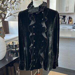 Ralph Lauren Collection Dark Olive Green Velvet Ruffle Blouse Size 10